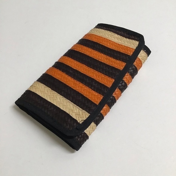 Handmade Woven Straw Wallet Zip Pouch Stripe Clutch Raffia Natural Brown Orange - Picture 1 of 9